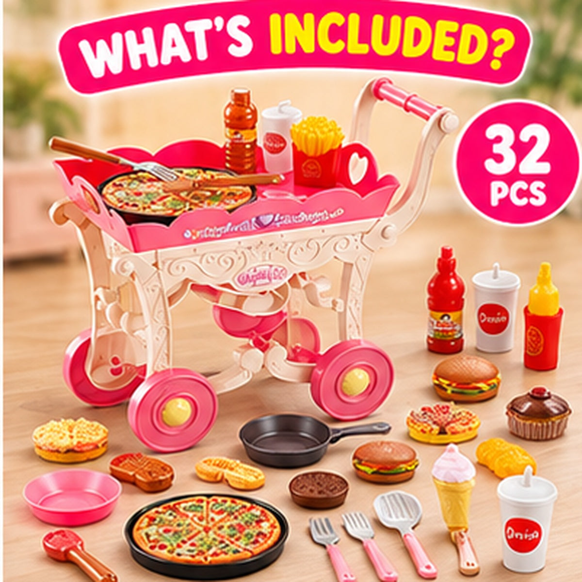 32-Piece Pretend Food & Serving Cart