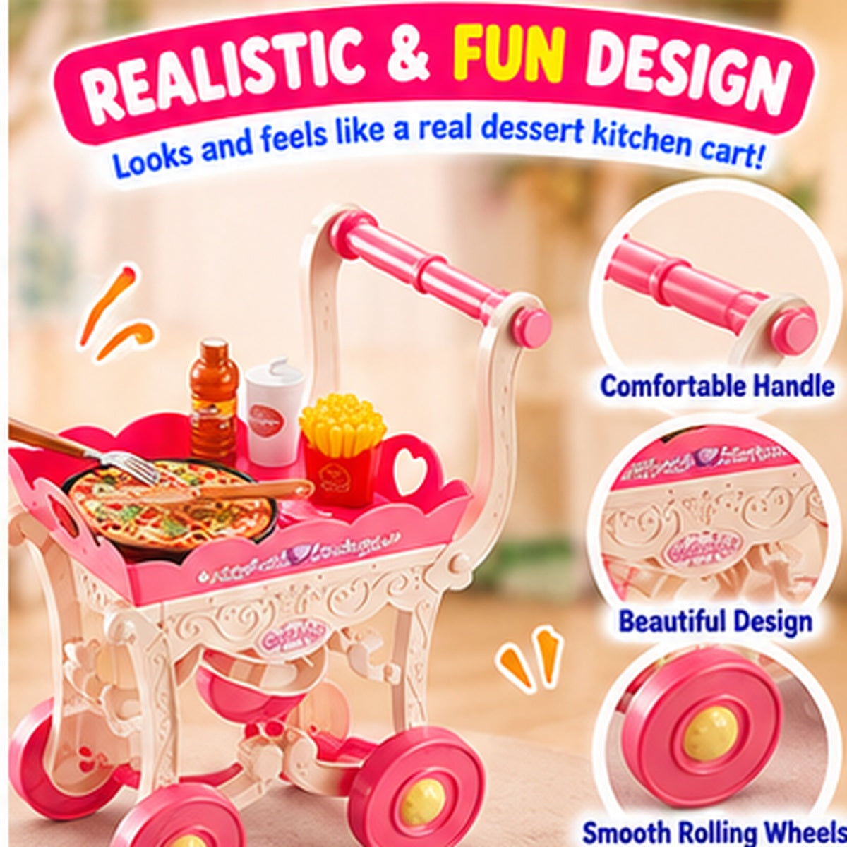 32-Piece Pretend Food & Serving Cart
