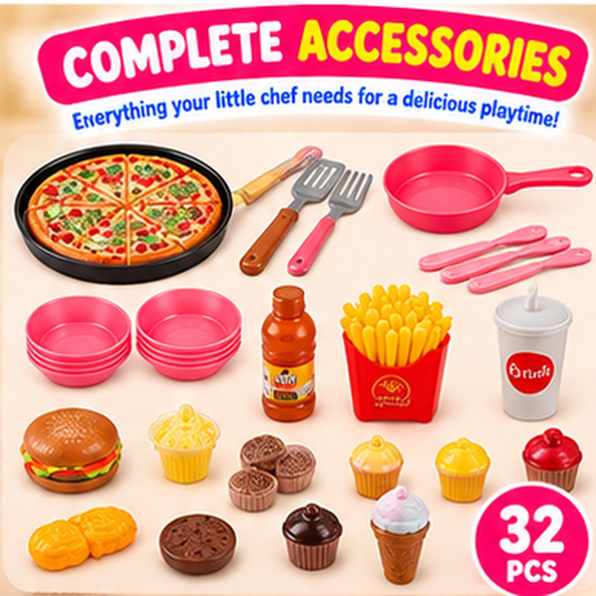 32-Piece Pretend Food & Serving Cart